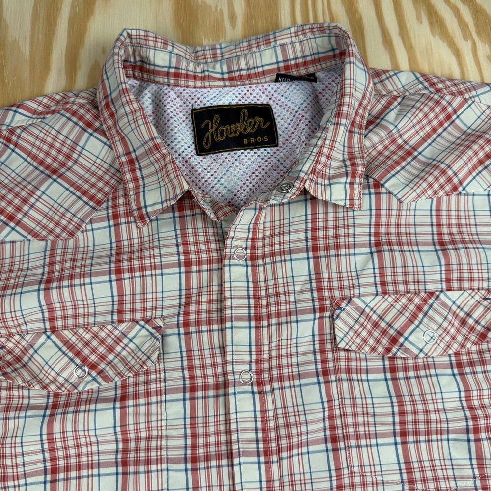 Howler Brothers Mens Red Blue Plaid Short Sleeve Western Snap Shirt XL